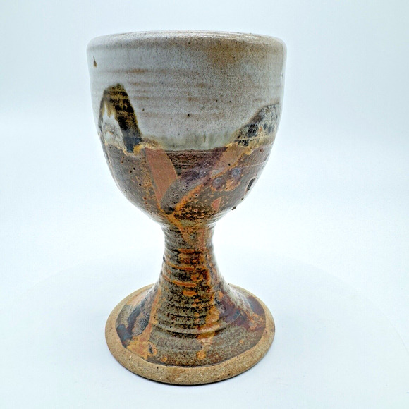 Studio Art Pottery Goblet Chalice Cup Textured Brown Gray Stoneware Signed #4 - Picture 3 of 11